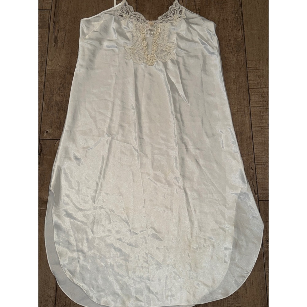 Private Luxuries White Satin Lace Pearl Nightgown Chemise Slip Dress Vintage L